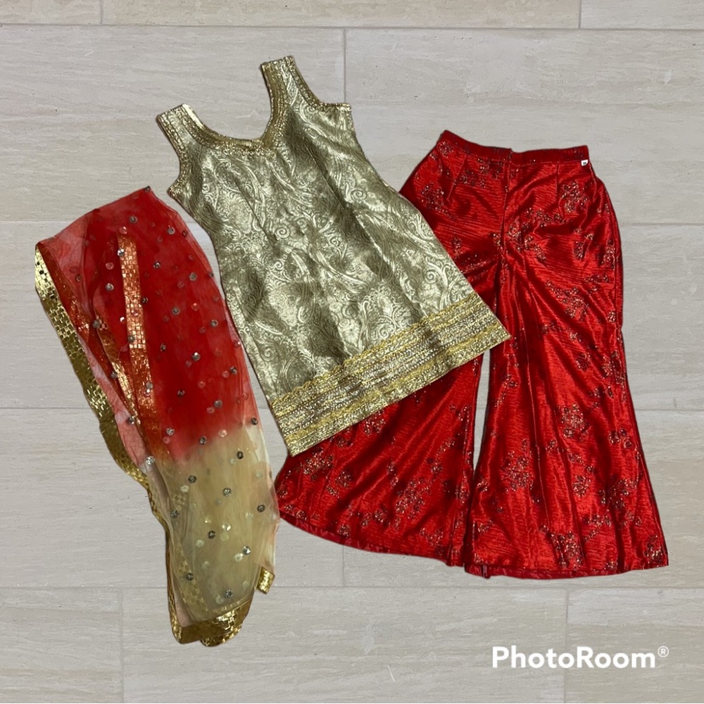 3 set Little girls Indian palazzo pant dress gold & red
